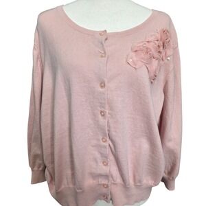 APT 9 Pink Cardigan Sweater Flower Embellishment Womens Size Medium Cotton Blend